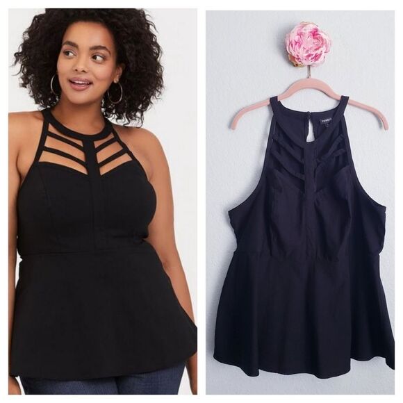 Torrid Black Bengaline High Neck Strappy Cage Front Top - Picture 1 of 8